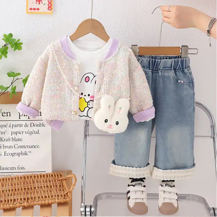 Girls Bunny Cardigan & Jeans Outfit β Pink or Purple Detail (1-5 Years)